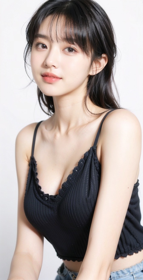 1girl, 16 years old, black hair, long hair, (smile:0.6), halfway hairstyle,cleavage,(Black camisole vest), V-neck, big chest, 
solid_background, white_background, 
