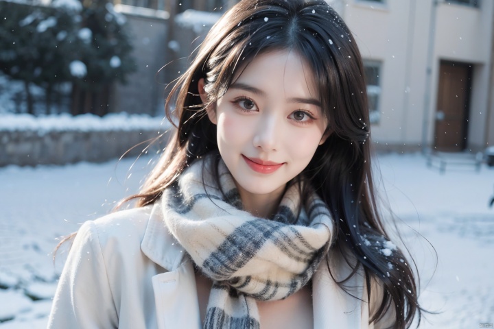 1girl,(snow:1.2),(snowing:1.2),snow,solo,scarf,long hair,smile,brown hair,bokeh,realistic,coat,blurry, dan