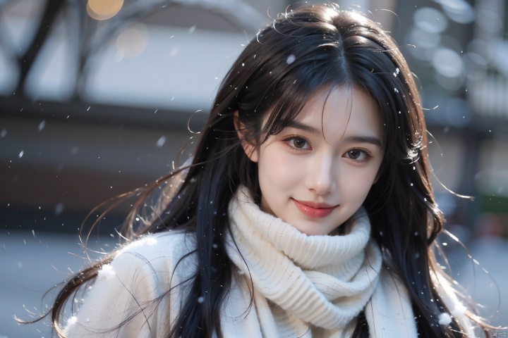 1girl,solo,long hair,looking at viewer,smile,black hair,closed mouth,black eyes,lips,realistic,high definition display,Clear facial features,(snow:1.2),(snowing:1.2),snow,solo,scarf,long hair,smile,brown hair,bokeh,realistic,coat,blurry, dan
