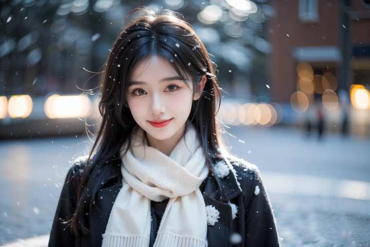  1girl,(snow:1.2),(snowing:1.2),snow,solo,scarf,long hair,smile,brown hair,bokeh,realistic,coat,blurry, dan