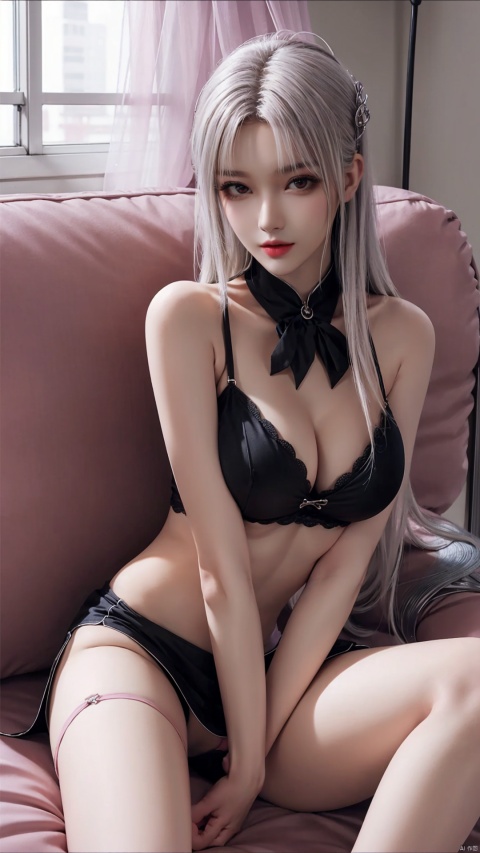  1 girl, perfect face, perfect figure, medium breasts, sexy girl, long legs, thin legs, pink nipples, open lips, looking at the audience, sexy underwear, dew point, black stockings, open legs, touching breasts, affectionate eyes, open lips, living room, sofa, lying down, miniskirt,