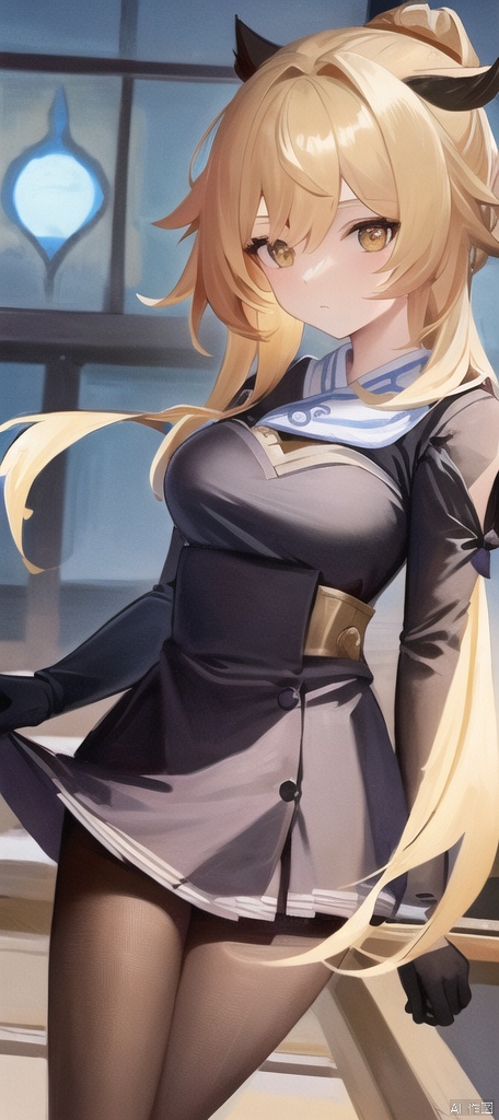  best_quality,masterpieces,extremely_detailed,
1girl,young_lady,solo,medium_breasts,
(looking_at_me:1.05), upperbody,thighs,
yellow_eyes,blonde_hair,white_flower_on_one_side_of_head, lumine (genshin impact),
black_school_shirt,black_school_skirt,black_pantyhose,