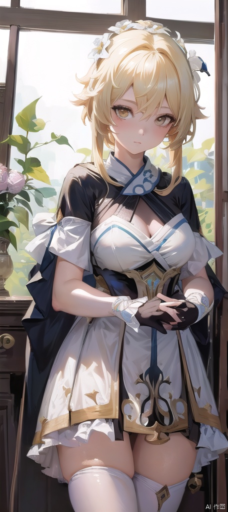  best_quality,masterpieces,extremely_detailed,
1girl,medium_breasts,thighs,young_lady,
lumine (genshin impact),blonde_hair,yellow_eyes,2_white_flowers_on_side_of_head,
(looking_at_me:1.05),sexy_face,