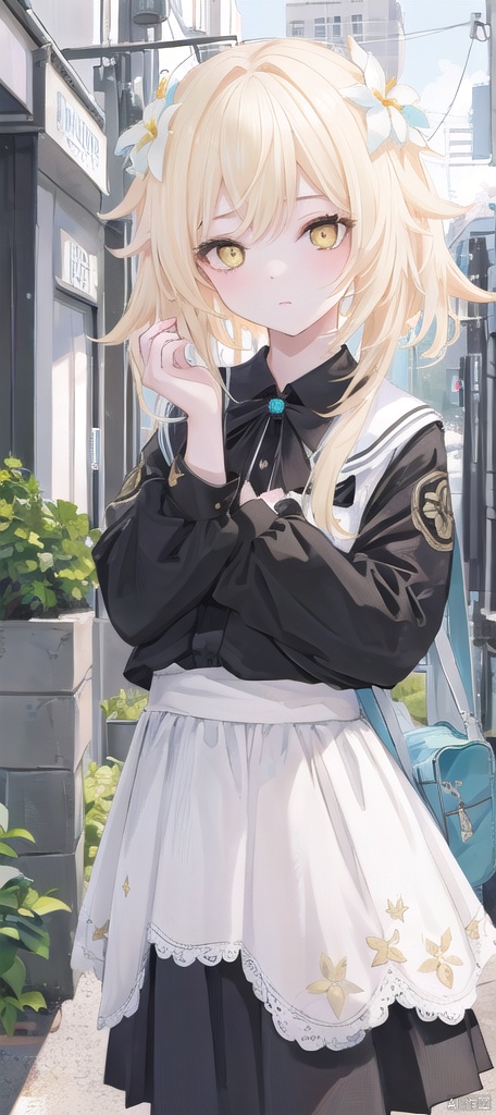  best_quality,masterpieces,extremely_detailed,
1girl,young_lady,solo,
(looking_at_me:1.05), 
 lumine (genshin impact),yellow_eyes,blonde_hair,(white_flower_on_side_of_head),
black_school_shirt,black_school_skirt,
street_as_background,