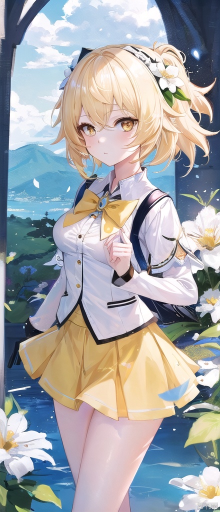  best_quality,masterpieces,extremely_detailed,
1girl,young_lady,white_skin,medium_breasts,
(looking_at_me:1.05),
lumine\ (genshin impact\) ,female_traveller\(genshin impact\),white_flowers_on_head,yellow_eyes,yellow_hair,
school_uniform,miniskirt,panties,