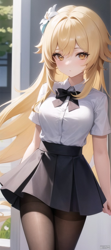  best_quality,masterpieces,extremely_detailed,
1girl,young_lady,solo,medium_breasts,
(looking_at_me:1.05), upperbody,thighs,
yellow_eyes,blonde_hair,white_flower_on_one_side_of_head, lumine (genshin impact),
black_school_shirt,black_school_skirt,black_pantyhose,