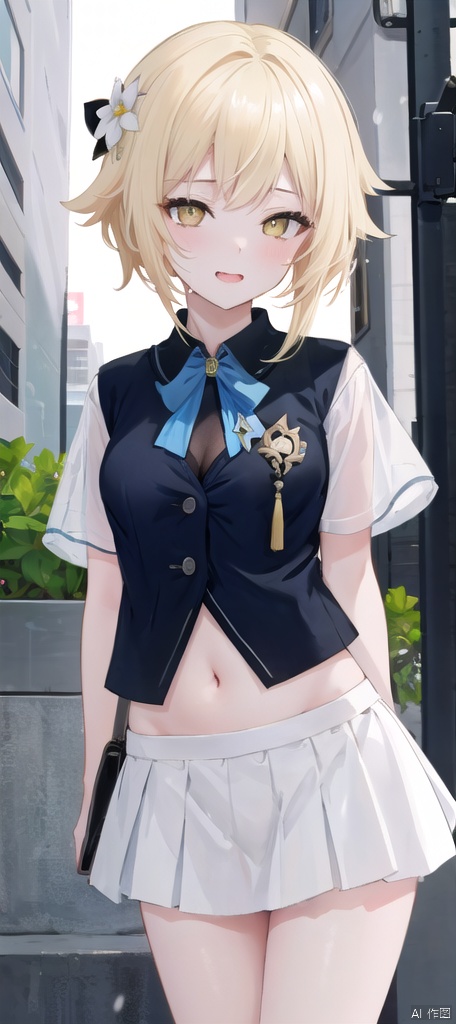  best_quality,masterpieces,extremely_detailed,
1girl,young_lady,solo,small_breasts,
(looking_at_me:1.05), 
 lumine (genshin impact),yellow_eyes,blonde_hair,white_flower_on_side_of_head,
school_short_sleeve_shirt,miniskirt,
street_as_background,(raining:1.1),
see_through_clothes,wet,navel,
blush,open_mouth,tongue,saliva,(numerous_hearts:1.12),figure_with_sex_implication,(sexy_face:1.2)