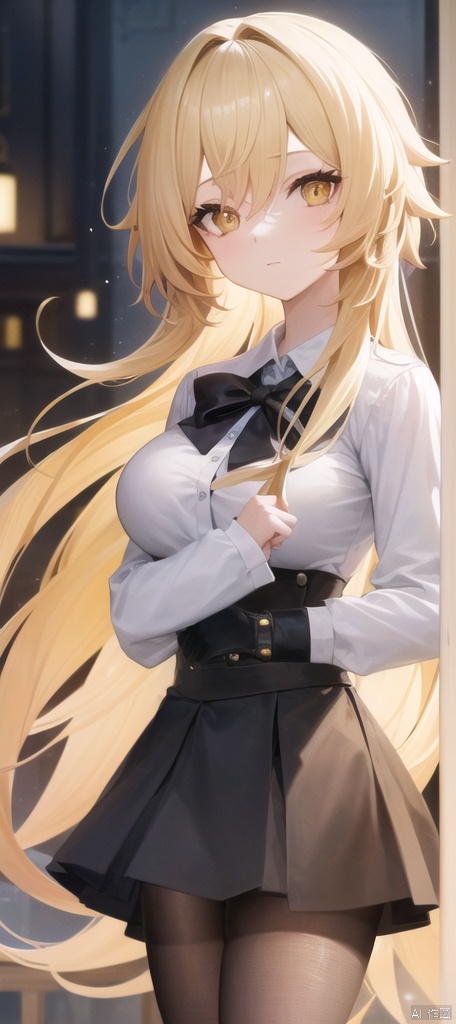  best_quality,masterpieces,extremely_detailed,
1girl,young_lady,solo,medium_breasts,
(looking_at_me:1.05), 
yellow_eyes,blonde_hair,white_flower_on_one_side_of_head, lumine (genshin impact),
black_school_shirt,black_school_skirt,black_pantyhose,