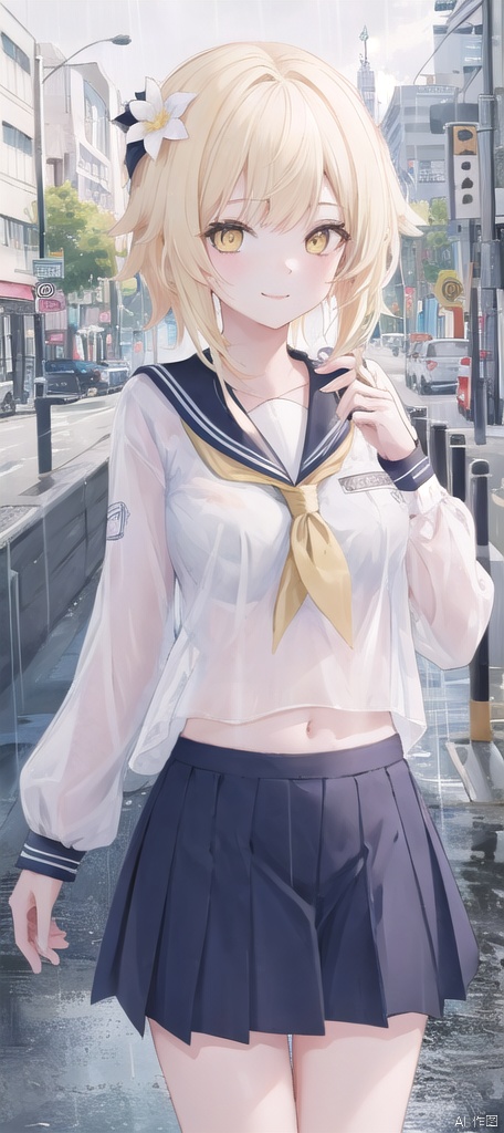  best_quality,masterpieces,extremely_detailed,
1girl,young_lady,solo,b_cup,
(looking_at_me:1.05), 
 lumine (genshin impact),yellow_eyes,blonde_hair,white_flower_on_side_of_head,
school_shirt,miniskirt,
street_as_background,(dark_sky),(raining:1.14),
see_through_clothes,wet,transparent,navel,
big_smile,