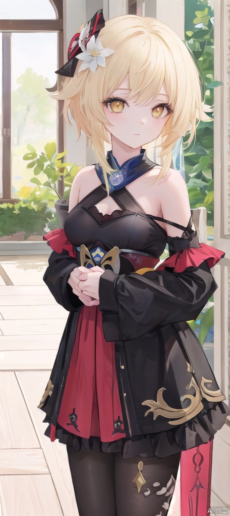  best_quality,masterpieces,extremely_detailed,
1girl,young_lady,solo,medium_breasts,
(looking_at_me:1.05), 
(black_shoulder_straps),
genshin_style_black_scarlet_upper_wearing,
genshin_style_black_scarlet_skirt,
 lumine (genshin impact),yellow_eyes,blonde_hair,white_flower_on_one_side_of_head,