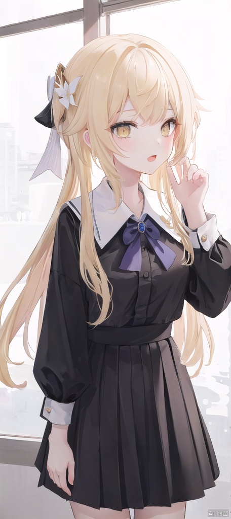  best_quality,masterpieces,extremely_detailed,
1girl,young_lady,solo,
(looking_at_me:1.05), 
yellow_eyes,blonde_hair,white_flower_on_one_side_of_head, lumine (genshin impact),
black_school_uniform_shirt,black_skirt,
blush,open_mouth,tongue,saliva,(numerous_hearts:1.13),(sexy_face:1.15),
(landscape_as_background:1.08)