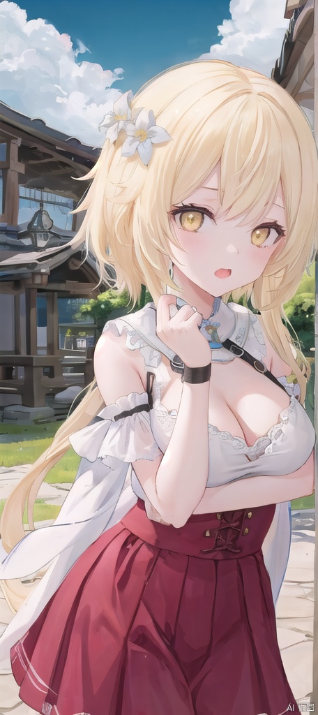  best_quality,masterpieces,extremely_detailed,
1girl,young_lady,solo,medium_breasts,
(looking_at_me:1.05), 
yellow_eyes,blonde_hair,white_flower_on_one_side_of_head, lumine (genshin impact),
bare_arms,shoulder_straps,skirt,cleavage,
blush,open_mouth,tongue,saliva,(numerous_hearts:1.12),(sexy_face:1.15),
landscape_as_background
