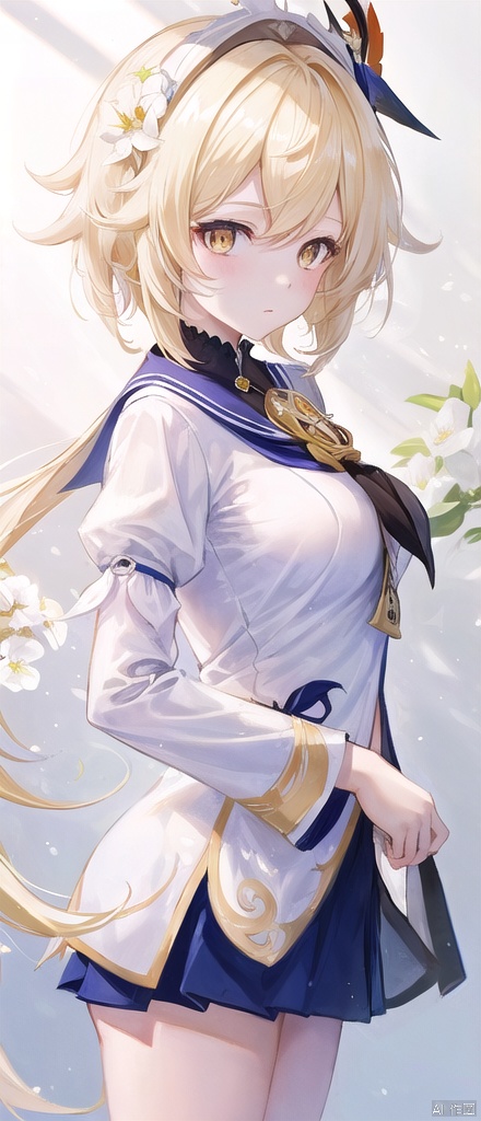  best_quality,masterpieces,extremely_detailed,
1girl,young_lady,white_skin,medium_breasts,
(looking_at_me:1.05),
lumine\ (genshin impact\) ,female_traveller\(genshin impact\),white_flowers_on_head,yellow_eyes,yellow_hair,
school_uniform,white_bikini_bottom,side_tied_pants,