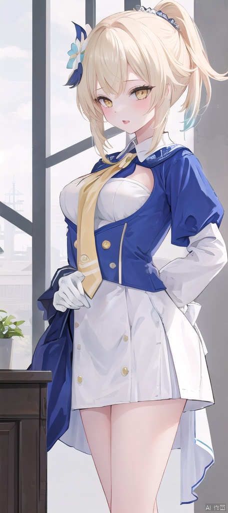 best_quality,masterpieces,extremely_detailed,
1girl,young_lady,solo,medium_breasts,
(looking_at_me:1.05), 
yellow_eyes,blonde_hair,white_flower_on_one_side_of_head, lumine (genshin impact),
(stewardess_outfit:1.1)
blush,open_mouth,tongue,saliva,(numerous_hearts:1.12),(sexy_face:1.15),
inside_a_flight