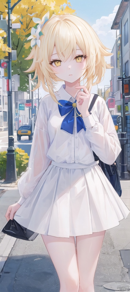  best_quality,masterpieces,extremely_detailed,
1girl,young_lady,solo,
(looking_at_me:1.05), 
 lumine (genshin impact),yellow_eyes,blonde_hair,white_flower_on_side_of_head,
school_shirt,skirt,
street_as_background,raning,transparent_clothes,