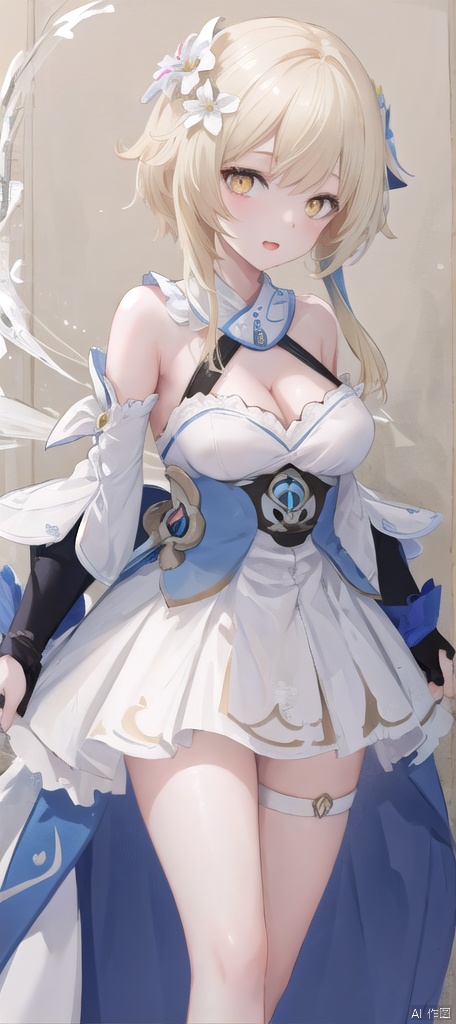  best_quality,masterpieces,extremely_detailed,
1girl,young_lady,solo,medium_breasts,
(looking_at_me:1.05), 
yellow_eyes,blonde_hair,white_flower_on_one_side_of_head, lumine (genshin impact),
bare_arms,shoulder_straps,skirt,cleavage,
blush,open_mouth,tongue,saliva,(numerous_hearts:1.12),(sexy_face:1.15),
landscape_as_background