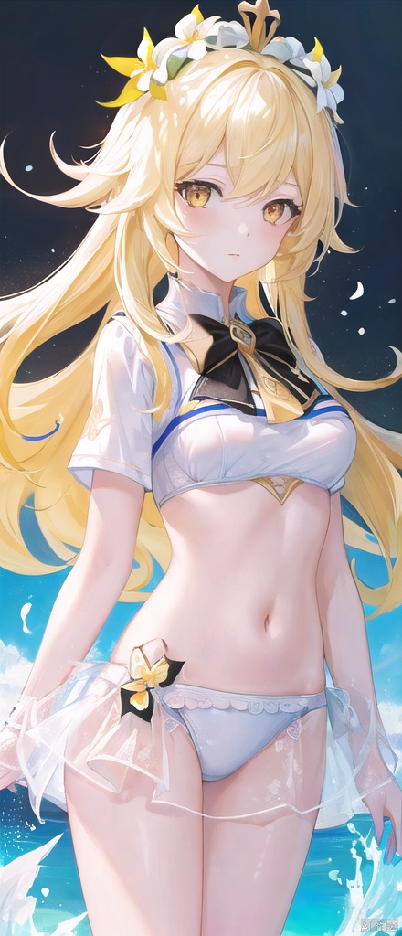  best_quality,masterpieces,extremely_detailed,
1girl,young_lady,white_skin,medium_breasts,
(looking_at_me:1.05),
lumine\ (genshin impact\) ,female_traveller\(genshin impact\),white_flowers_on_head,yellow_eyes,yellow_hair,
school_uniform,white_bikini_bottom