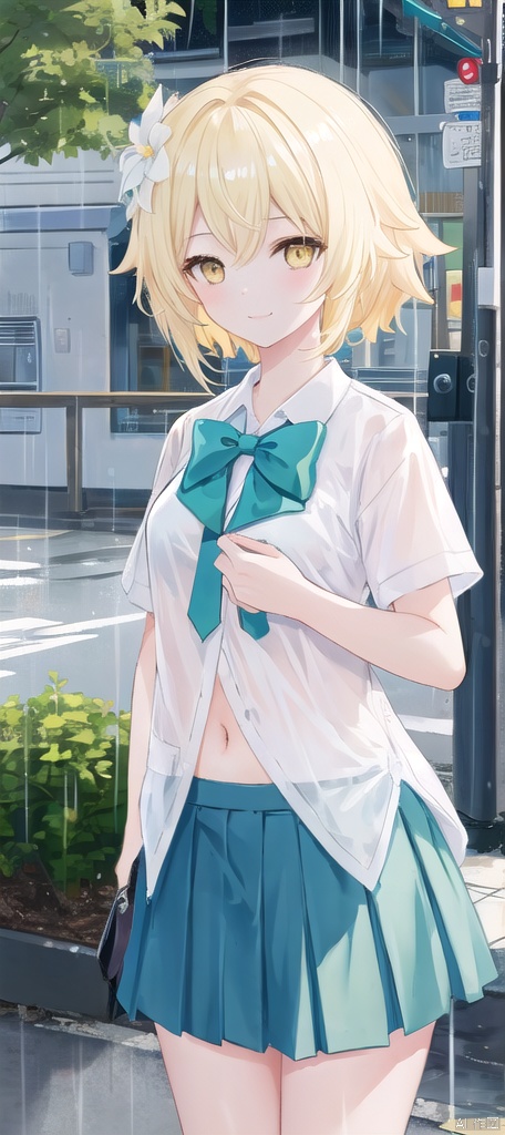  best_quality,masterpieces,extremely_detailed,
1girl,young_lady,solo,small_breasts,
(looking_at_me:1.05), 
 lumine (genshin impact),yellow_eyes,blonde_hair,white_flower_on_side_of_head,
school_short_sleeve_shirt,miniskirt,
street_as_background,(raining:1.14),
see_through_clothes,wet,navel,
smile,