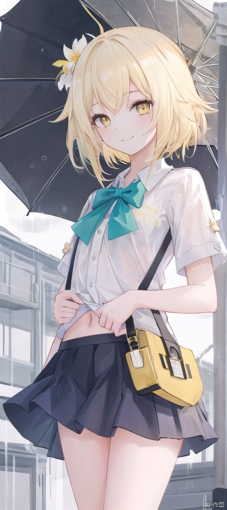  best_quality,masterpieces,extremely_detailed,
1girl,young_lady,solo,
(looking_at_me:1.05), 
 lumine (genshin impact),yellow_eyes,blonde_hair,white_flower_on_side_of_head,
school_short_sleeve_shirt,miniskirt,
street_as_background,(dark_sky:1.12),(raining:1.14),
see_through_clothes,wet,transparent,navel,
smile,