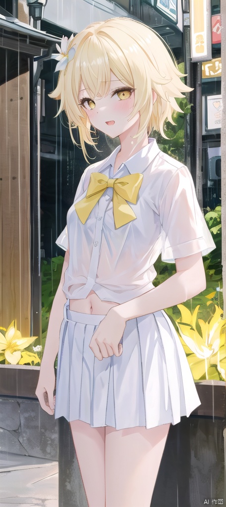  best_quality,masterpieces,extremely_detailed,
1girl,young_lady,solo,small_breasts,
(looking_at_me:1.05), 
 lumine (genshin impact),yellow_eyes,blonde_hair,white_flower_on_side_of_head,
school_short_sleeve_shirt,miniskirt,
street_as_background,(raining:1.1),
see_through_clothes,wet,navel,
blush,open_mouth,tongue,saliva,(numerous_hearts:1.12),(sexy_face:1.15),