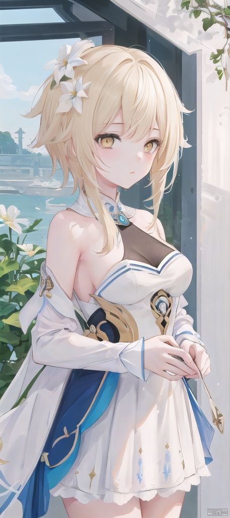  best_quality,masterpieces,extremely_detailed,
1girl,medium_breasts,thighs,young_lady,
lumine (genshin impact),blonde_hair,yellow_eyes,white_flower_on_side_of_head,
(looking_at_me:1.05),
bare_shoulders,