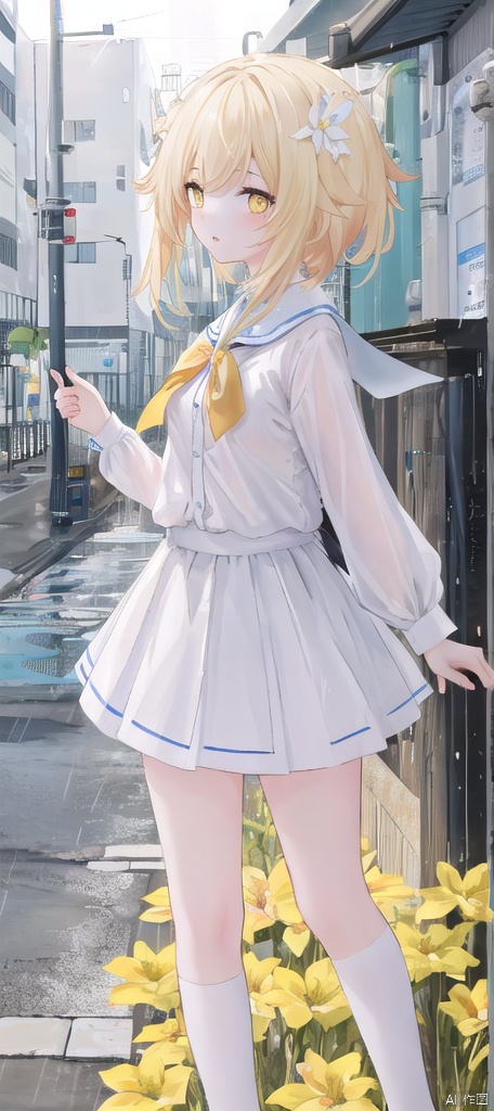  best_quality,masterpieces,extremely_detailed,
1girl,young_lady,solo,
(looking_at_me:1.05), 
 lumine (genshin impact),yellow_eyes,blonde_hair,white_flower_on_side_of_head,
school_shirt,miniskirt,
street_as_background,(raining),transparent_clothes,