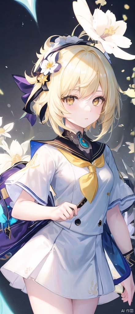  best_quality,masterpieces,extremely_detailed,
1girl,young_lady,white_skin,
(looking_at_me:1.05),
lumine\ (genshin impact\) ,female_traveller\(genshin impact\),white_flowers_on_head,yellow_eyes,yellow_hair,
school_uniform,miniskirt,