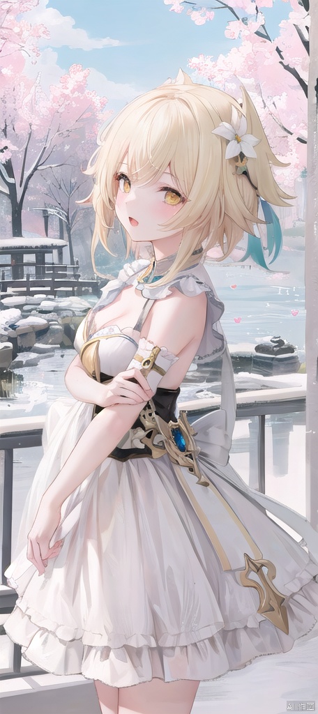  best_quality,masterpieces,extremely_detailed,
1girl,young_lady,solo,
(looking_at_me:1.05), 
yellow_eyes,blonde_hair,white_flower_on_one_side_of_head, lumine (genshin impact),
bare_arms,shoulder_straps,skirt,white_dress,cleavage,
blush,open_mouth,tongue,saliva,(numerous_hearts:1.15),(sexy_face:1.18),
(landscape_as_background:1.11)