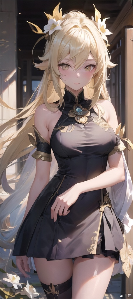  best_quality,masterpieces,extremely_detailed,
1girl,medium_breasts,thighs,young_lady,
lumine (genshin impact),blonde_hair,yellow_eyes,2_white_flowers_on_side_of_head,
(looking_at_me:1.05),sexy_face,