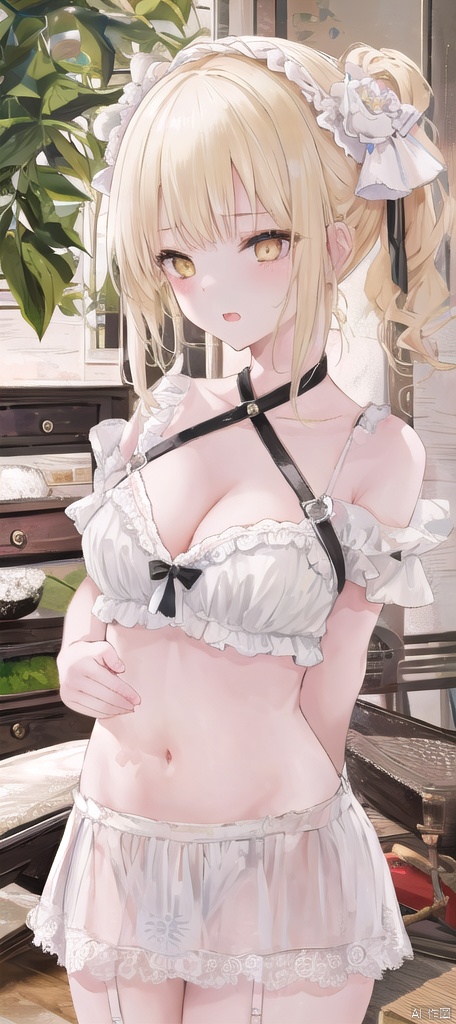  best_quality,masterpieces,extremely_detailed,
1girl,young_lady,solo,
(looking_at_me:1.05), 
yellow_eyes,blonde_hair,white_flower_on_side_of_head,lumine,
(shoulder_straps),navel,
blush,open_mouth,tongue,saliva,(numerous_hearts:1.15),(sexy_face:1.2),
panty,cleavage,