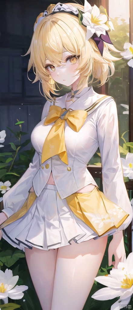  best_quality,masterpieces,extremely_detailed,
1girl,young_lady,white_skin,medium_breasts,
(looking_at_me:1.05),
lumine\ (genshin impact\) ,female_traveller\(genshin impact\),white_flowers_on_head,yellow_eyes,yellow_hair,
school_uniform,miniskirt,panty
