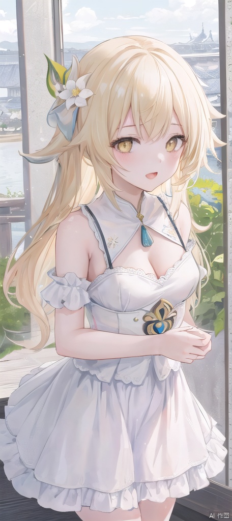  best_quality,masterpieces,extremely_detailed,
1girl,young_lady,solo,small_breasts,
(looking_at_me:1.05), 
yellow_eyes,blonde_hair,white_flower_on_one_side_of_head, lumine (genshin impact),
bare_arms,shoulder_straps,skirt,cleavage,white_dress,
blush,open_mouth,tongue,saliva,(numerous_hearts:1.15),(sexy_face:1.18),
(landscape_as_background:1.1)