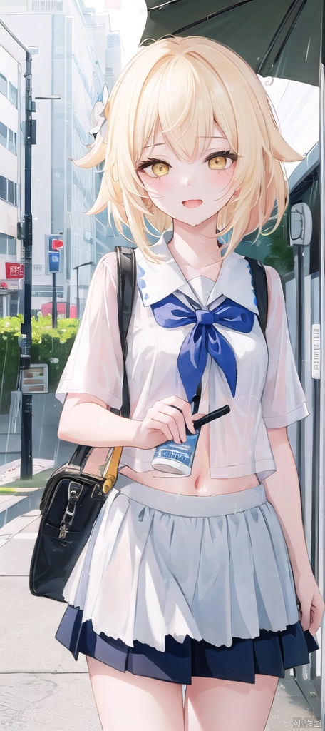 best_quality,masterpieces,extremely_detailed,
1girl,young_lady,solo,small_breasts,
(looking_at_me:1.05), 
 lumine (genshin impact),yellow_eyes,blonde_hair,white_flower_on_side_of_head,
school_short_sleeve_shirt,miniskirt,
street_as_background,(raining:1.1),
see_through_clothes,wet,navel,
blush,open_mouth,tongue,saliva,(numerous_hearts:1.12),(sexy_face:1.18),