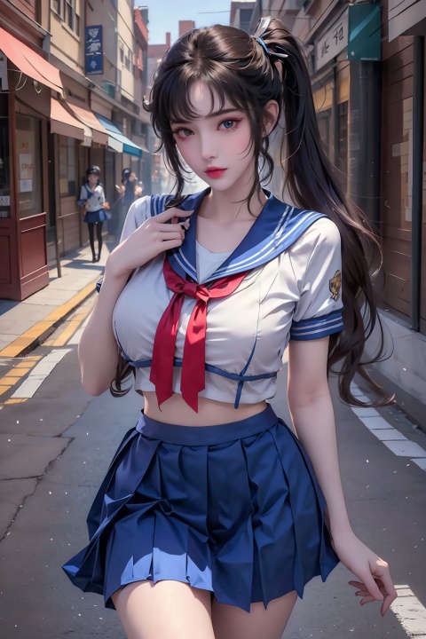((1girl)),fashionable, vibrant, outfit, posing, front, colorful, solo, looking at viewer, Visual impact,A shot with tension,cold attitude, Ear stud,tattoo, qianluo, policewoman,((gigantic_breast)), sailor senshi uniform,school uniform,twintails