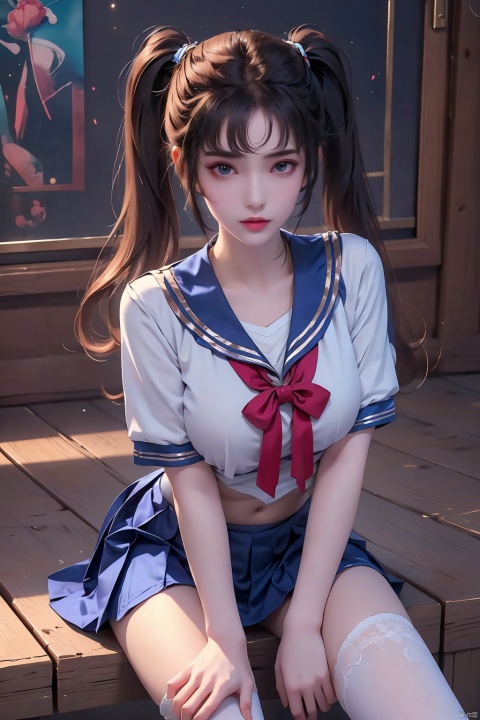 ((1girl)),fashionable, vibrant, outfit, posing, front, colorful, solo, looking at viewer, Visual impact,A shot with tension,cold attitude, Ear stud,tattoo, qianluo, policewoman,((gigantic_breast)), sailor senshi uniform,school uniform,twintails,chilla (arms),school uniform,magical girl