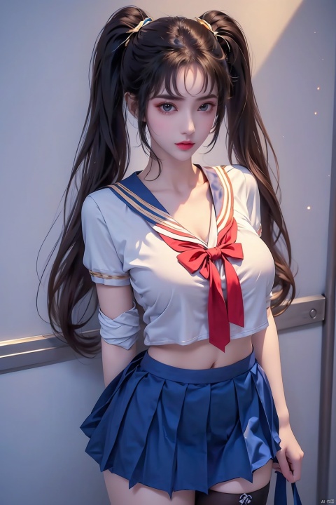  ((1girl)),fashionable, vibrant, outfit, posing, front, colorful, solo, looking at viewer, Visual impact,A shot with tension,cold attitude, Ear stud,tattoo, qianluo, policewoman,((gigantic_breast)), sailor senshi uniform,school uniform,twintails,chilla (arms),school uniform,magical girl