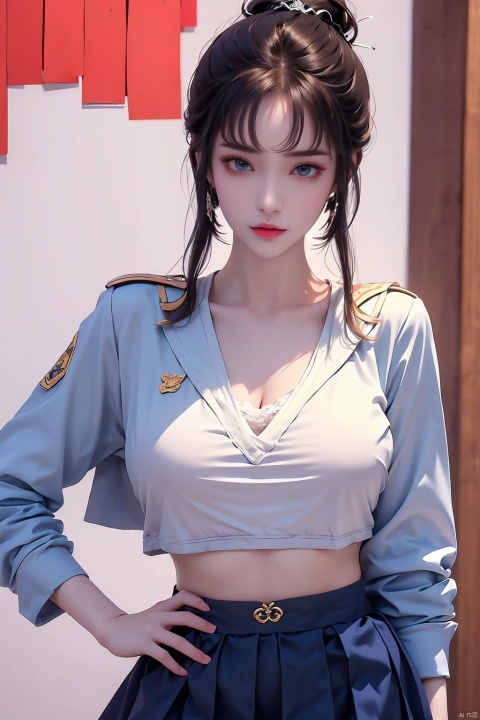 ((1girl)),fashionable, vibrant, outfit, posing, front, colorful, solo, looking at viewer, Visual impact,A shot with tension,cold attitude, Ear stud,tattoo, qianluo, policewoman,((gigantic_breast)), sailor senshi uniform