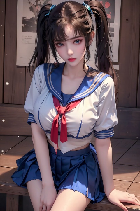  ((1girl)),fashionable, vibrant, outfit, posing, front, colorful, solo, looking at viewer, Visual impact,A shot with tension,cold attitude, Ear stud,tattoo, qianluo, policewoman,((gigantic_breast)), sailor senshi uniform,school uniform,twintails,chilla (arms),school uniform,magical girl
