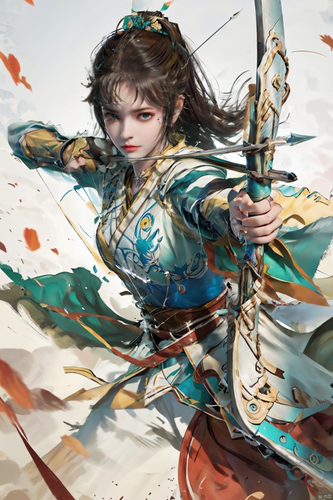  1girl,big breasts, solo, gloves,long hair, focusing intensely,Hold the iron tire bow with the left hand and draw a bow and shoot arrows, Wearing a jade crown, shining silver armor, and wearing a lion headband. Treading towards the sky with cow tendon boots; Wearing a crimson cloak on her shoulders, carrying a three foot green blade on her waist, coupled with her tall figure and resolute expression,clean white background, qianluo
