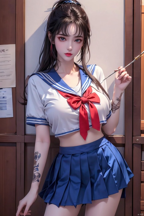 ((1girl)),fashionable, vibrant, outfit, posing, front, colorful, solo, looking at viewer, Visual impact,A shot with tension,cold attitude, Ear stud,tattoo, qianluo, policewoman,((gigantic_breast)), sailor senshi uniform,school uniform
