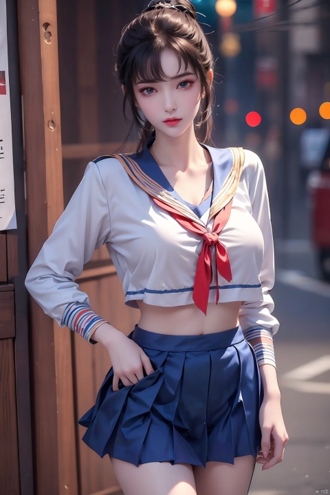 ((1girl)),fashionable, vibrant, outfit, posing, front, colorful, solo, looking at viewer, Visual impact,A shot with tension,cold attitude, Ear stud,tattoo, qianluo, policewoman,((gigantic_breast)), sailor senshi uniform