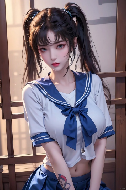 ((1girl)),fashionable, vibrant, outfit, posing, front, colorful, solo, looking at viewer, Visual impact,A shot with tension,cold attitude, Ear stud,tattoo, qianluo, policewoman,((gigantic_breast)), sailor senshi uniform,school uniform,twintails,chilla (arms)