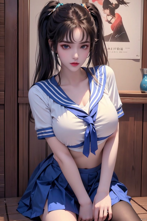((1girl)),fashionable, vibrant, outfit, posing, front, colorful, solo, looking at viewer, Visual impact,A shot with tension,cold attitude, Ear stud,tattoo, qianluo, policewoman,((gigantic_breast)), sailor senshi uniform,school uniform,twintails,chilla (arms)