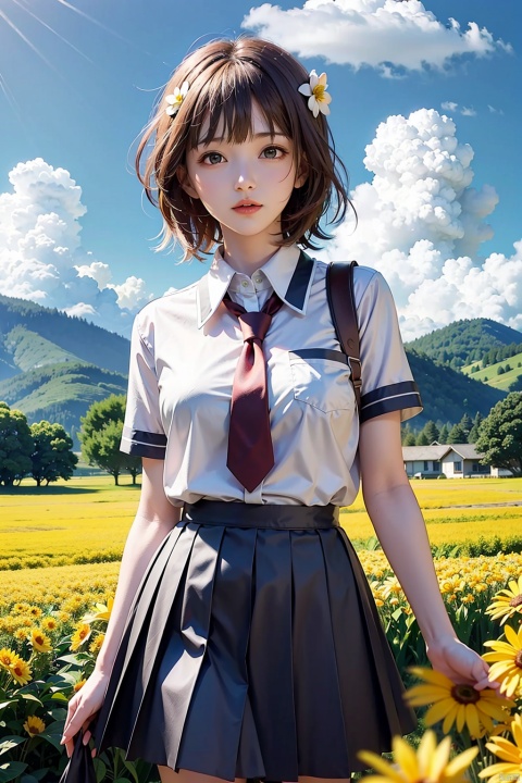  Enhancement,masterpiece,16K,JK,1 girl,short white hair,school uniform,skirt,outdoor,blue sky,white clouds,rape flower, amami_haruka