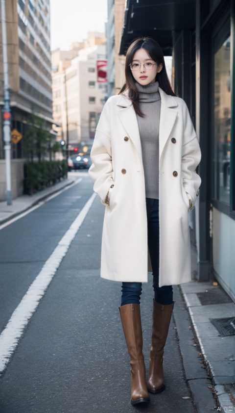  1girl, turtleneck_sweater,tight , white coat,very thin,glasses,, black hair,standing on the street, naked_boots,moyou,  