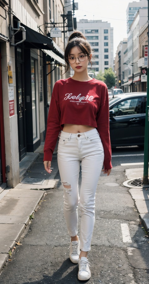  (masterpiece, best quality, full body,ultra high res, photorealistic, realistic, raw photo, real person, photograph), (amazing, finely detail, an extremely delicate and beautiful, sharp focus), 1girl, solo, ponytail,glasses,standing,Behind,Inside the city street, , Wide angle, large aperture,（red t- shirt  ,Expose the navel,white shoes ,Skinny jeans）gel40bo_,moyou,