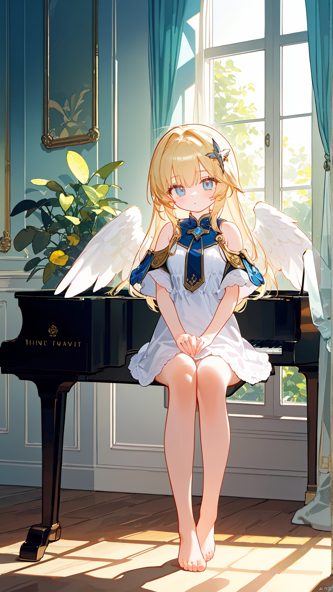 Far view, fine detail, depth of field, (masterpiece), (extremely detailed CG unit 8k wallpaper), best quality, high resolution illustration, Amazing, highlights, intensive detail, (best illumination, best shadow, an extremely delicately beautiful), full body, 1 girl, angel, white long hair, gemstone eyes, six winged angel, sitting on the piano, barefoot, shining in the sunlight outside the window, Tindal Effect.