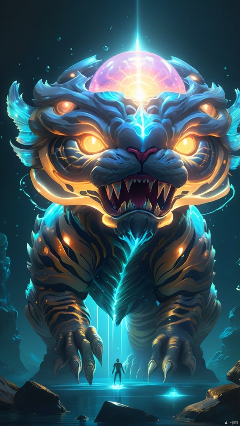 (a giant fantasy ([stool|tiger]) creature), supernatural energy, glowing, small and transparent, releasing a shimmering light, like an underwater light