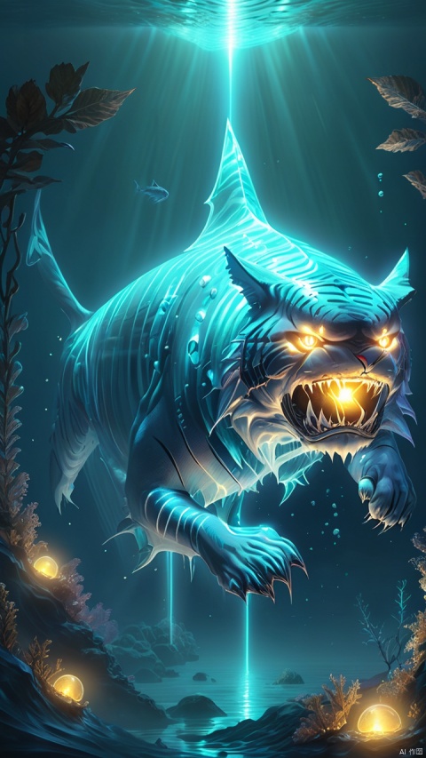 (a giant fantasy [shark|tiger] creature), paranormal energy, glowing, small and transparent, releases a shimmering light, like an underwater light