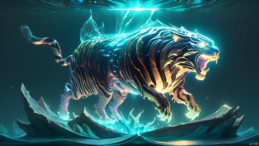 (a giant fantasy ([ship|tiger]: 1.5) creature), supernatural energy, glowing, small and transparent, releasing a shimmering light like an underwater lamp